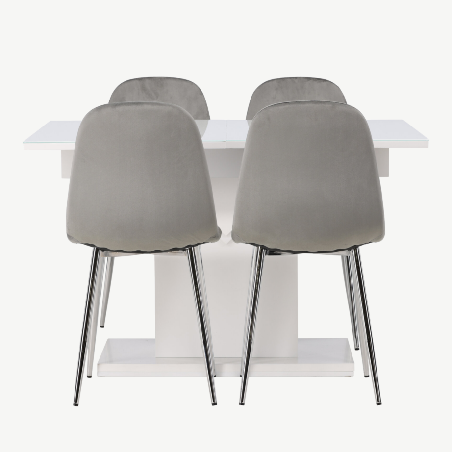 Pikendatav valge söögilaud Pluto ja helehallid velvetkangaga söögitoolid Eva, GR23597 – 2