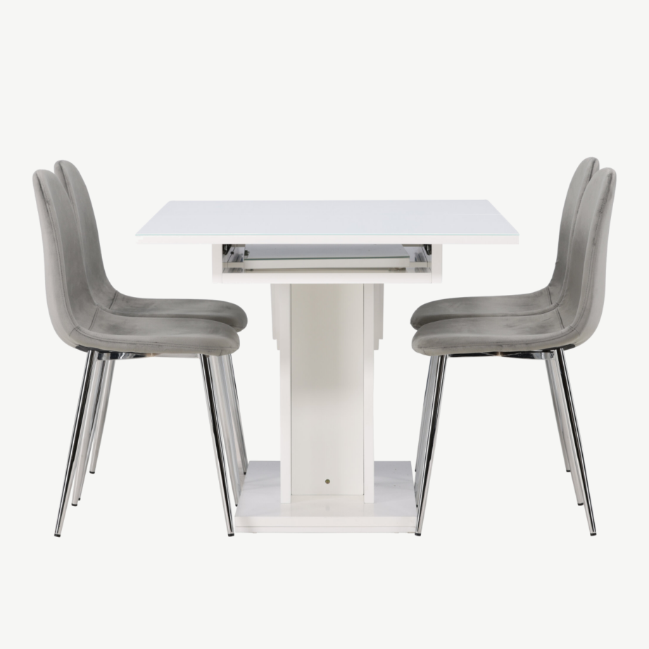 Pikendatav valge söögilaud Pluto ja helehallid velvetkangaga söögitoolid Eva, GR23597 – 3