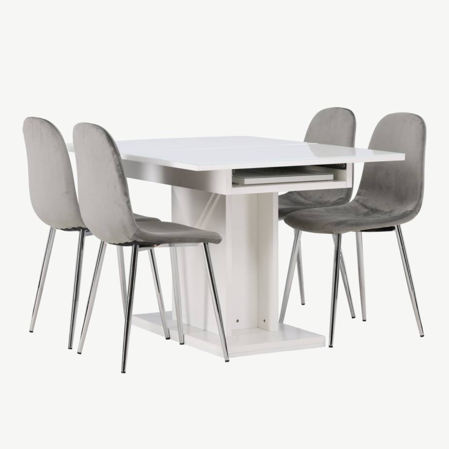 Pikendatav valge söögilaud Pluto ja helehallid velvetkangaga söögitoolid Eva, GR23597 – 4