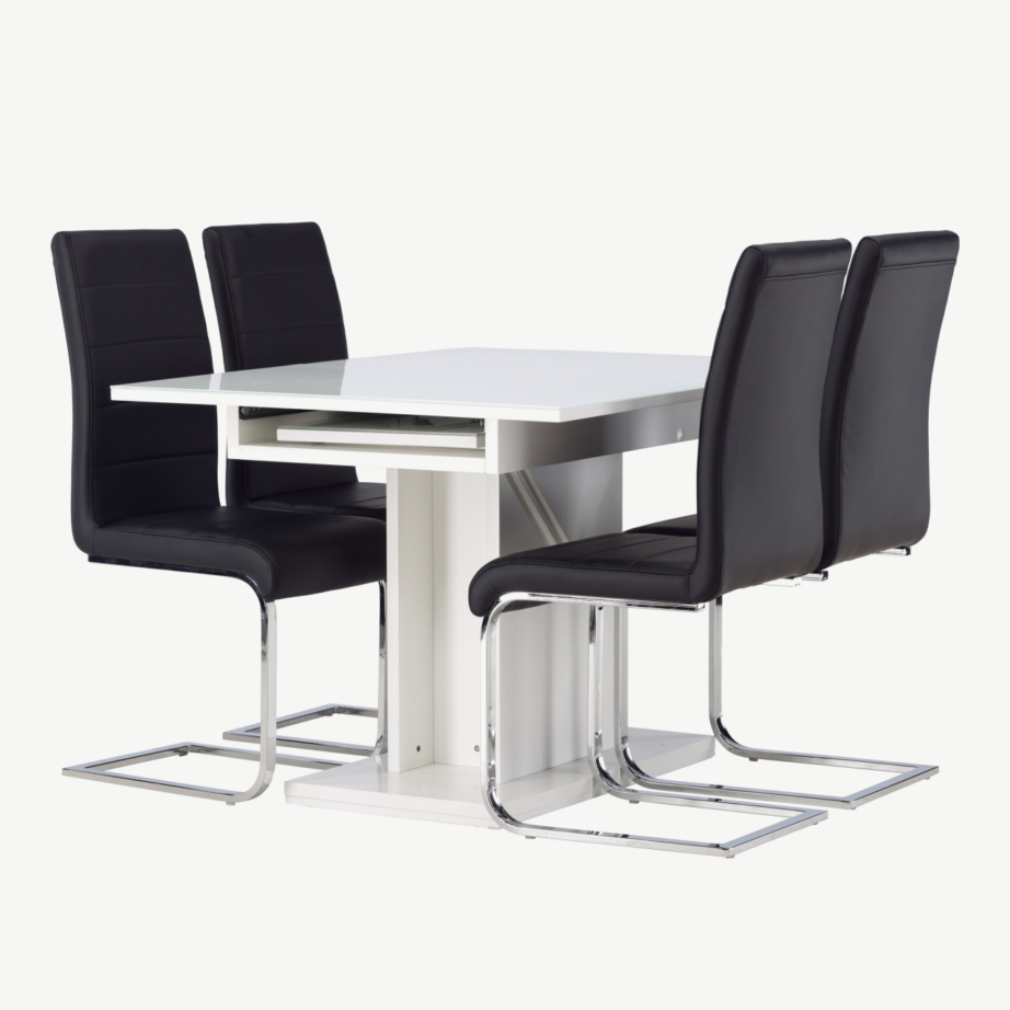 Pikendatav valge söögilaud Pluto klaaspinnaga ja musta PU kattega Tempo toolid (4 tk), GR23600