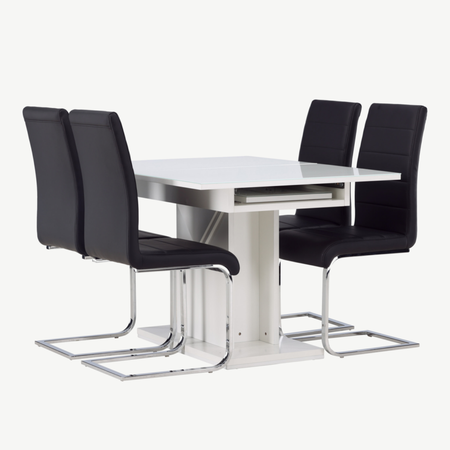 Pikendatav valge söögilaud Pluto klaaspinnaga ja musta PU kattega Tempo toolid (4 tk), GR23600 – 4