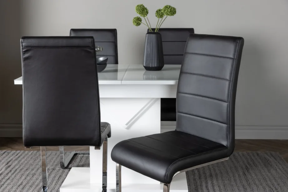 Pikendatav valge söögilaud Pluto klaaspinnaga ja musta PU kattega Tempo toolid (4 tk), GR23600 – 6