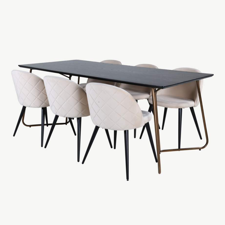 Piklik söögilaud Petra 6 sametist beeži tooliga (must spoon, vasksed jalad), GR22339