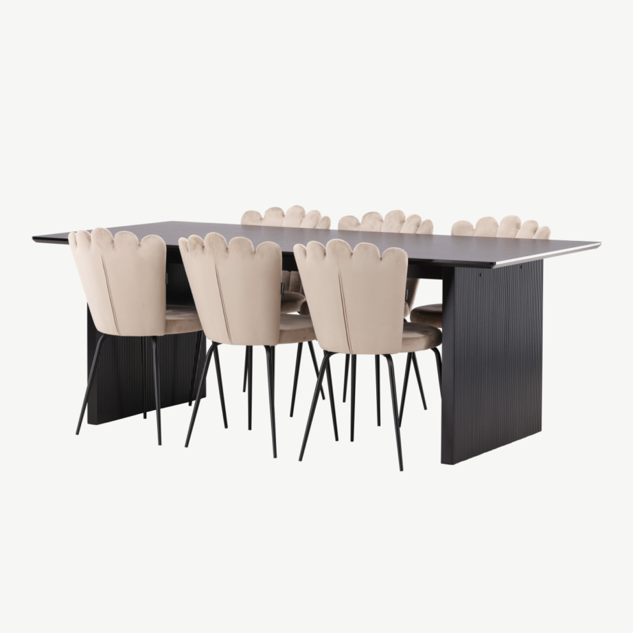 Piklik söögilaud Vail (must MDF) koos beežide Limhamn velvettoolidega, GR22970