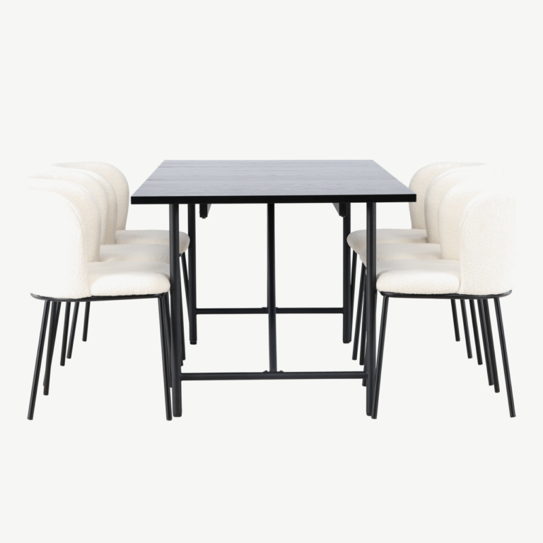Põhjamaine söögikomplekt Astrid, must MDF laud 200x90 cm ja valge buklee-kattega Edina toolid - GR23511