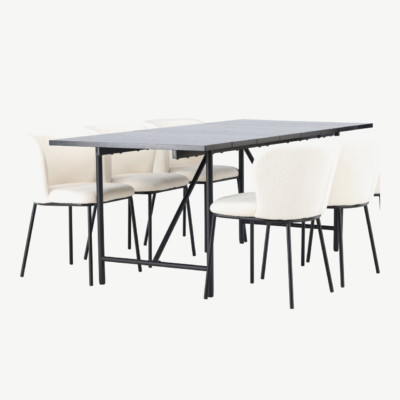 Põhjamaine söögikomplekt Astrid, must MDF laud 200x90 cm ja valge buklee-kattega Edina toolid - GR23511