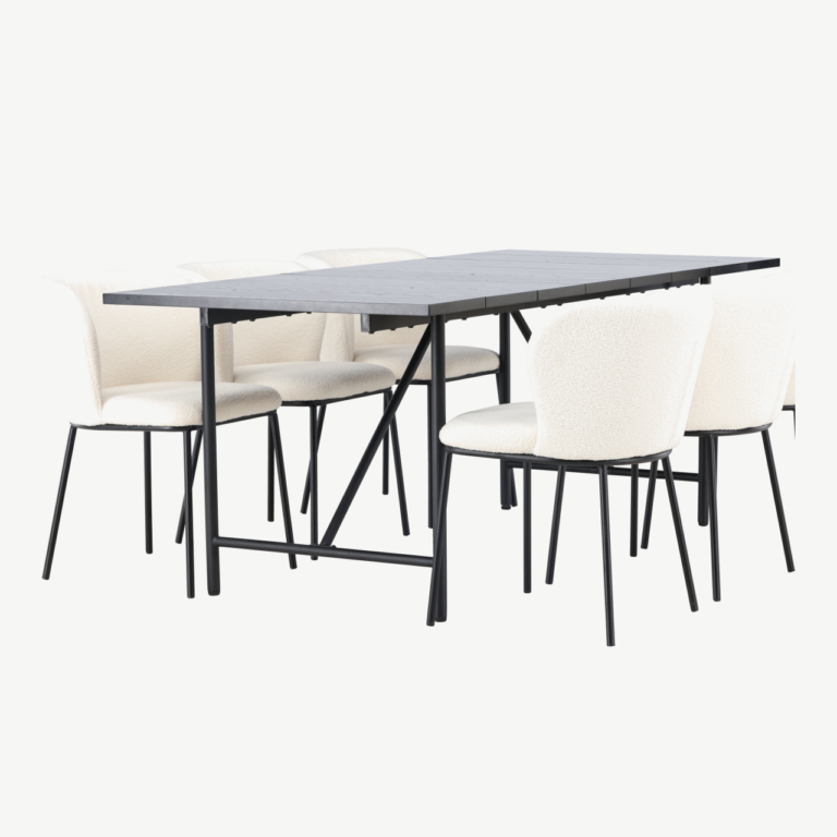 Põhjamaine söögikomplekt Astrid, must MDF laud 200x90 cm ja valge buklee-kattega Edina toolid - GR23511