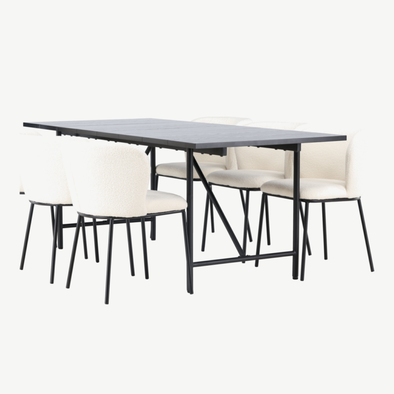 Põhjamaine söögikomplekt Astrid, must MDF laud 200x90 cm ja valge buklee-kattega Edina toolid - GR23511
