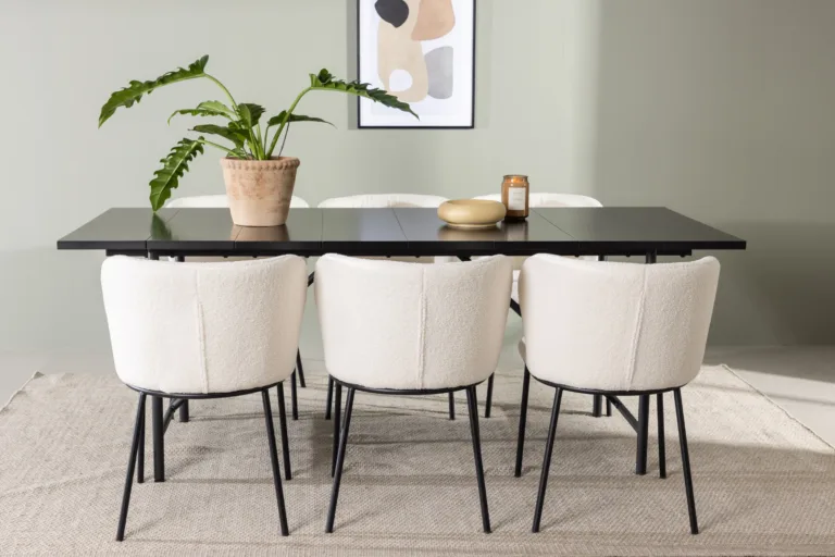 Põhjamaine söögikomplekt Astrid, must MDF laud 200x90 cm ja valge buklee-kattega Edina toolid - GR23511