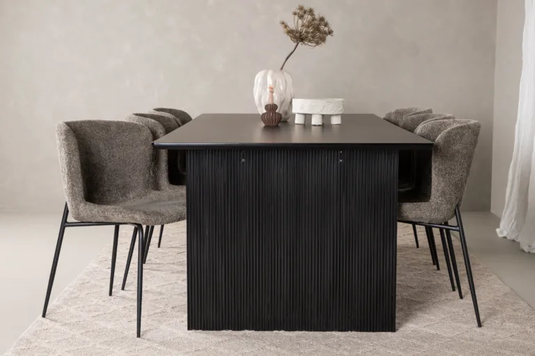 Põhjamaine söögilauakomplekt Vail (must MDF laud, 6 beeži buklee tooli) - GR22971