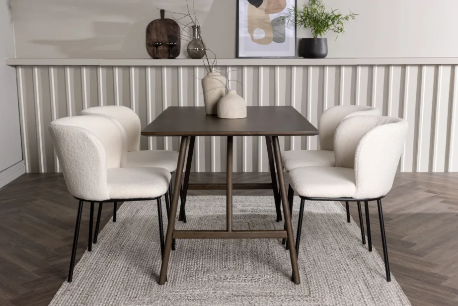 Põhjamaine söögitoakomplekt Kaseindon – tumepruun laud ja valged buklee-kangaga Edina toolid, GR23867 – 5