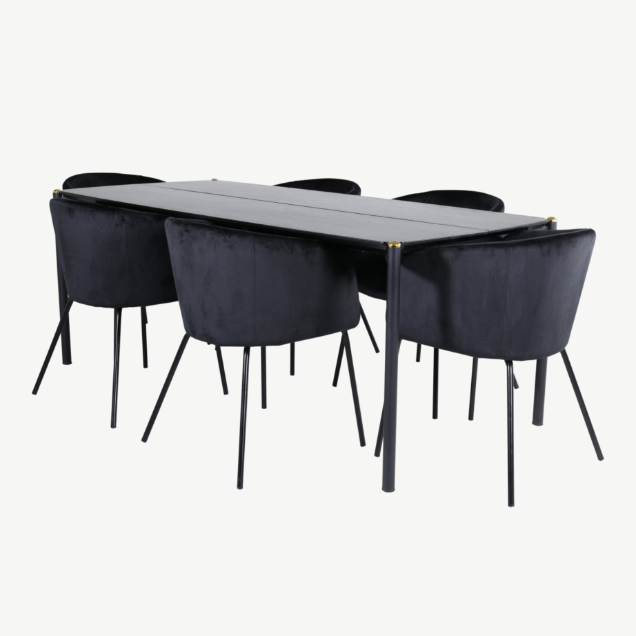 Põhjamaine söögitoakomplekt Pelle (must MDF laud, 6 musta samettooli), GR22321