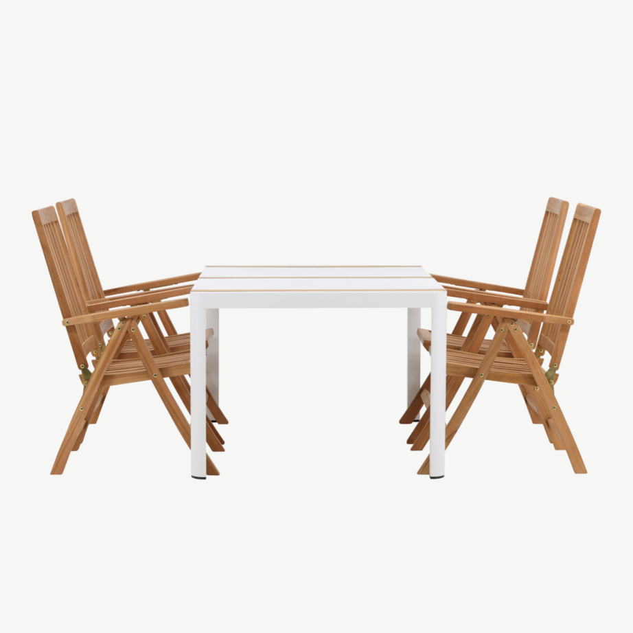 Aiamööbli komplekt Togo – valge alumiiniumist laud ja tiigipuust reguleeritavad toolid, GR22748 – 2