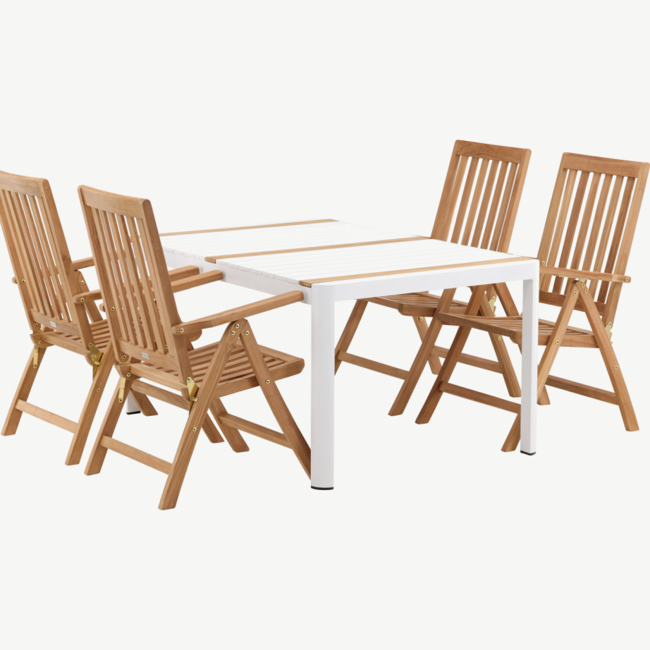 Aiamööbli komplekt Togo – valge alumiiniumist laud ja tiigipuust reguleeritavad toolid, GR22748 – 4