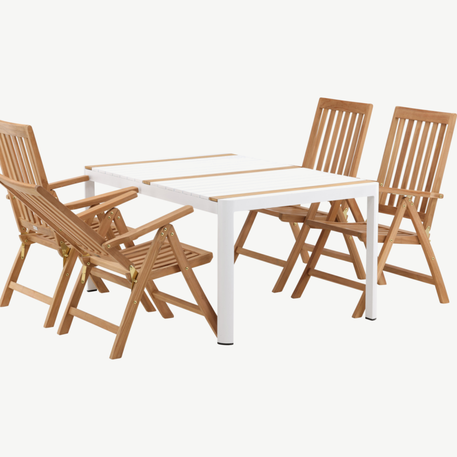 Aiamööbli komplekt Togo – valge alumiiniumist laud ja tiigipuust reguleeritavad toolid, GR22748 – 5