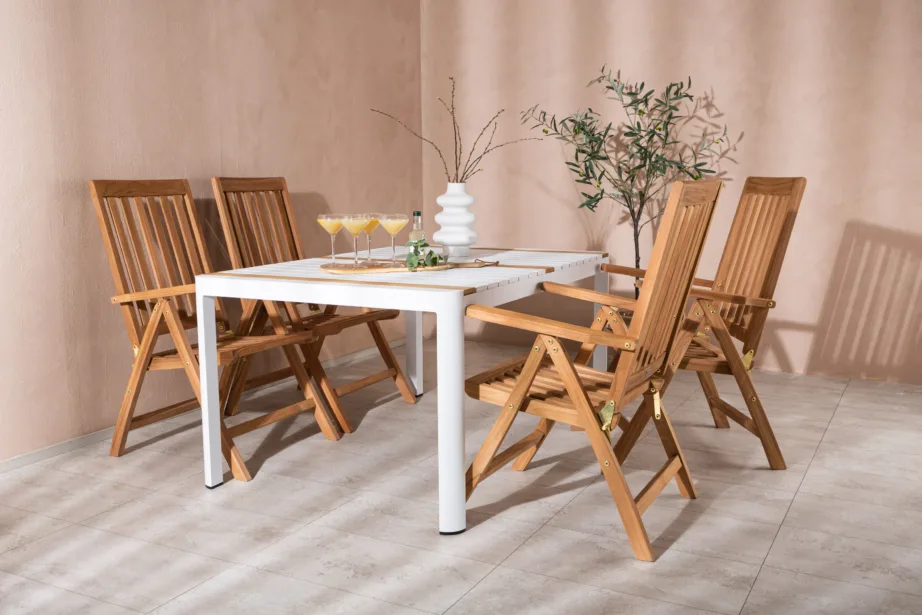 Aiamööbli komplekt Togo – valge alumiiniumist laud ja tiigipuust reguleeritavad toolid, GR22748 – 7