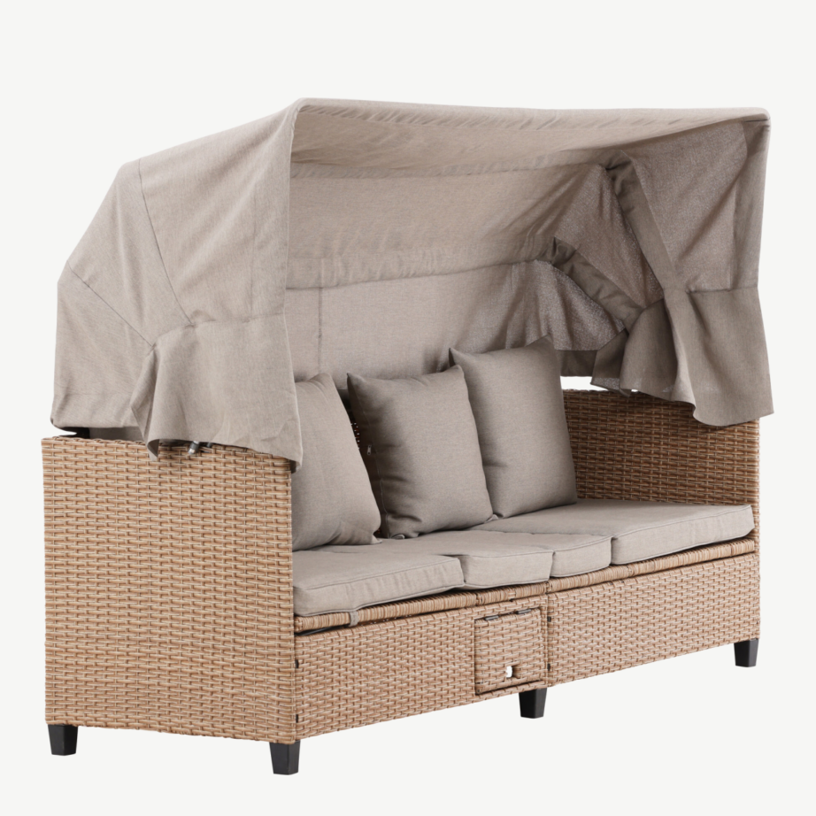 Reguleeritav beež katusega päevitustool Nopy kunstrotangist, 200×60 cm, 2067-222 – 3