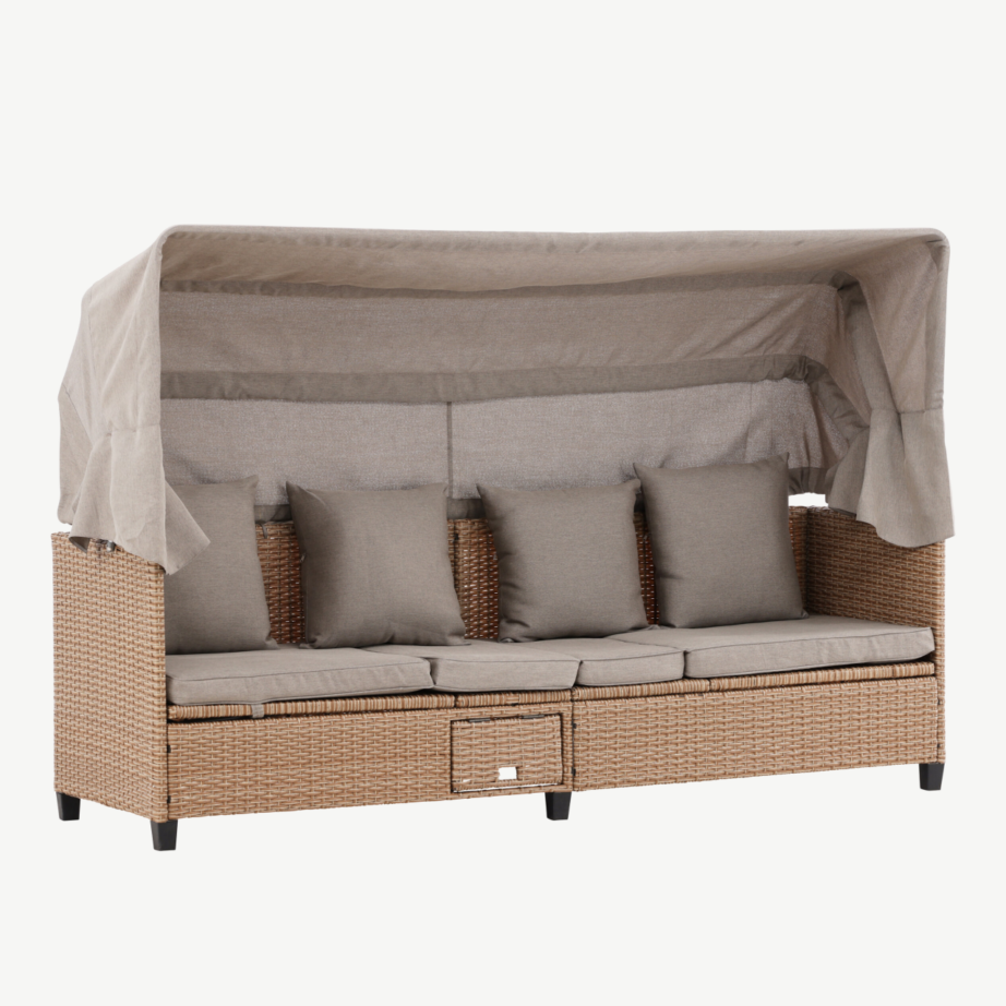 Reguleeritav beež katusega päevitustool Nopy kunstrotangist, 200×60 cm, 2067-222 – 4