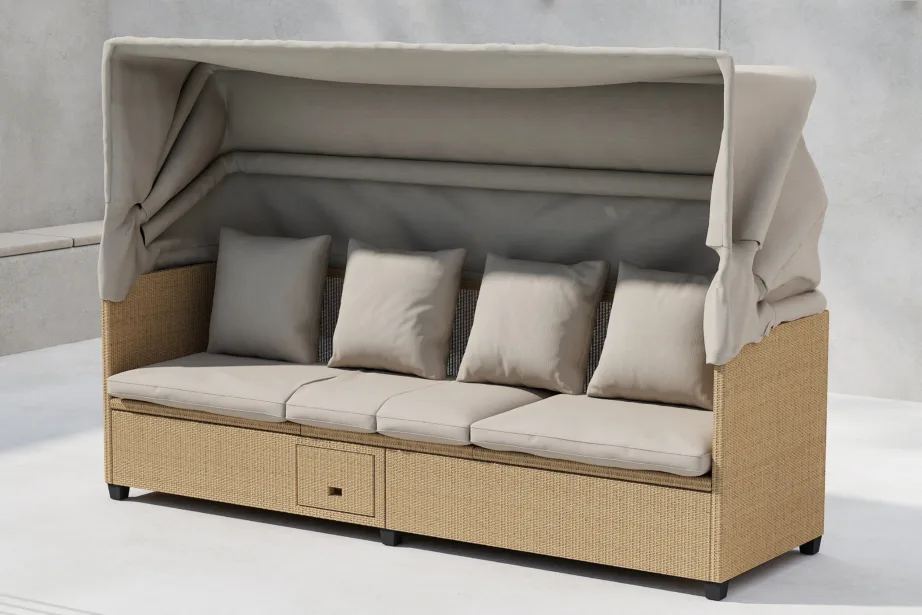 Reguleeritav beež katusega päevitustool Nopy kunstrotangist, 200×60 cm, 2067-222 – 12