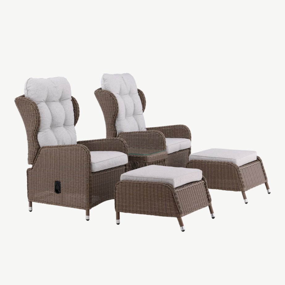 Reguleeritav kunstrotangist aialounge-komplekt Washington (2 tugitooli, 2 tumbat, laud, looduslik toon), 9192-089 – 2