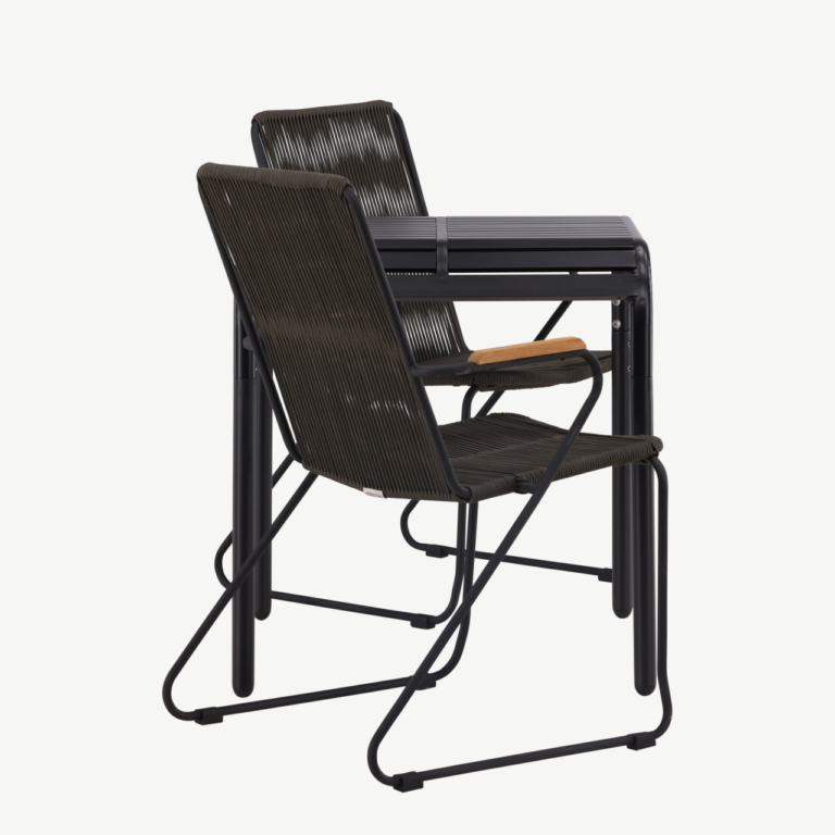 Ristkülikukujuline aiakomplekt Borneo – must alumiiniumlaud 70x70 cm ja kaks tumehalli köiest isteosaga tooli teak-puidust käetugedega - GR23313