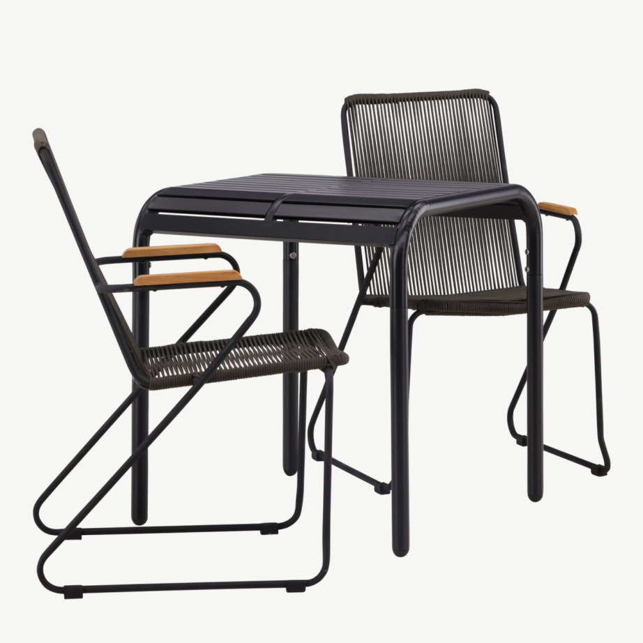 Ristkülikukujuline aiakomplekt Borneo – must alumiiniumlaud 70×70 cm ja kaks tumehalli köiest isteosaga tooli teak-puidust käetugedega, GR23313 – 3