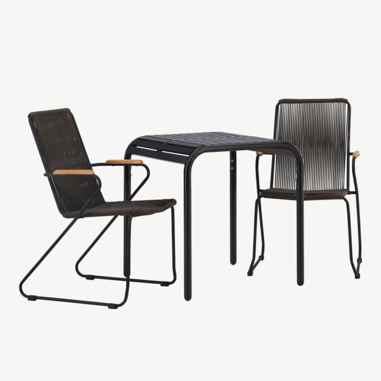 Ristkülikukujuline aiakomplekt Borneo – must alumiiniumlaud 70x70 cm ja kaks tumehalli köiest isteosaga tooli teak-puidust käetugedega - GR23313