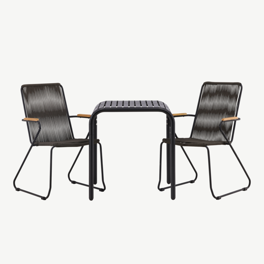 Ristkülikukujuline aiakomplekt Borneo – must alumiiniumlaud 70×70 cm ja kaks tumehalli köiest isteosaga tooli teak-puidust käetugedega, GR23313 – 5