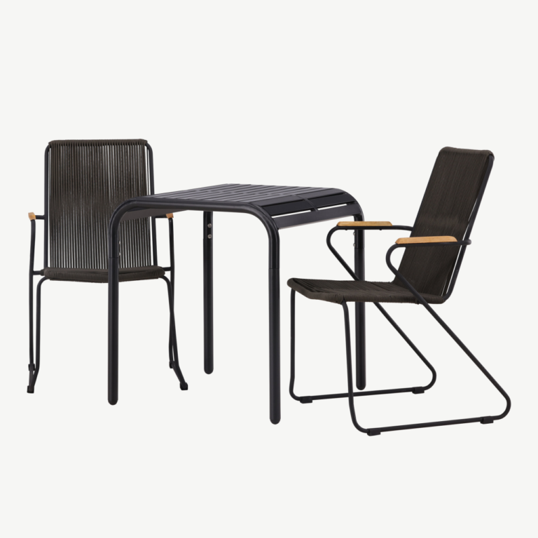 Ristkülikukujuline aiakomplekt Borneo – must alumiiniumlaud 70x70 cm ja kaks tumehalli köiest isteosaga tooli teak-puidust käetugedega - GR23313