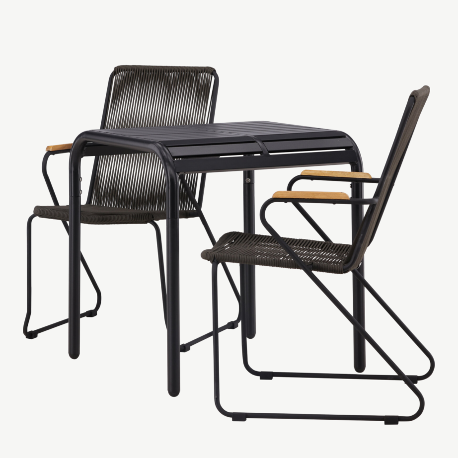 Ristkülikukujuline aiakomplekt Borneo – must alumiiniumlaud 70×70 cm ja kaks tumehalli köiest isteosaga tooli teak-puidust käetugedega, GR23313 – 6