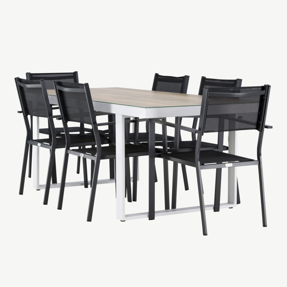 Ristkülikukujuline aiakomplekt Merlo kuue musta Copacabana tooliga (valge klaaspinnaga laud, alumiinium), GR24322 – 6