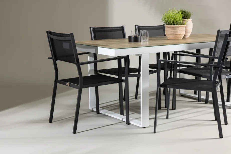 Ristkülikukujuline aiakomplekt Merlo kuue musta Copacabana tooliga (valge klaaspinnaga laud, alumiinium), GR24322 – 9