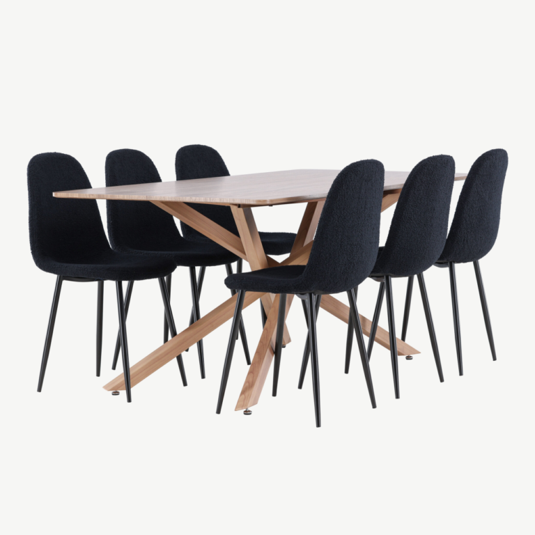 Ristkülikukujuline mokka söögilaud toolidega: Piazza laud 180x90 cm ja 6 musta bukleekangaga tooli (Polar) - GR24516