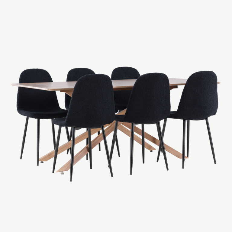 Ristkülikukujuline mokka söögilaud toolidega: Piazza laud 180x90 cm ja 6 musta bukleekangaga tooli (Polar) - GR24516
