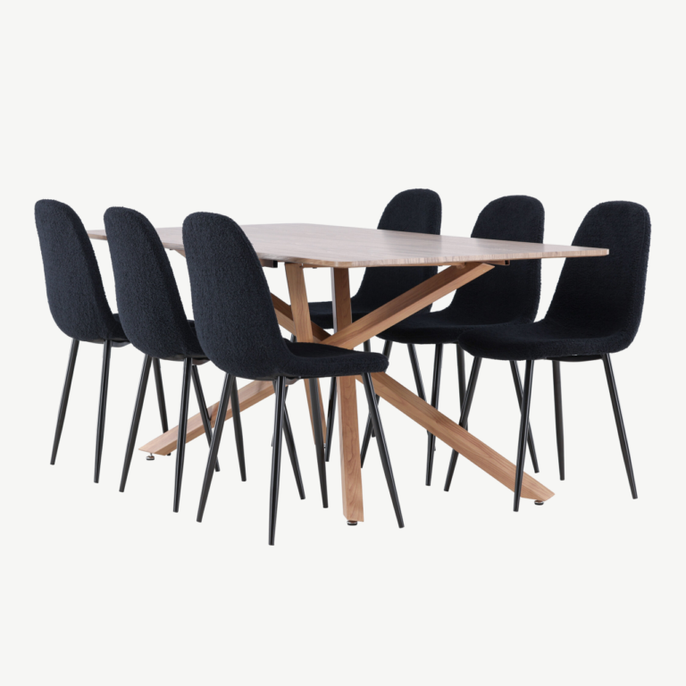 Ristkülikukujuline mokka söögilaud toolidega: Piazza laud 180x90 cm ja 6 musta bukleekangaga tooli (Polar) - GR24516
