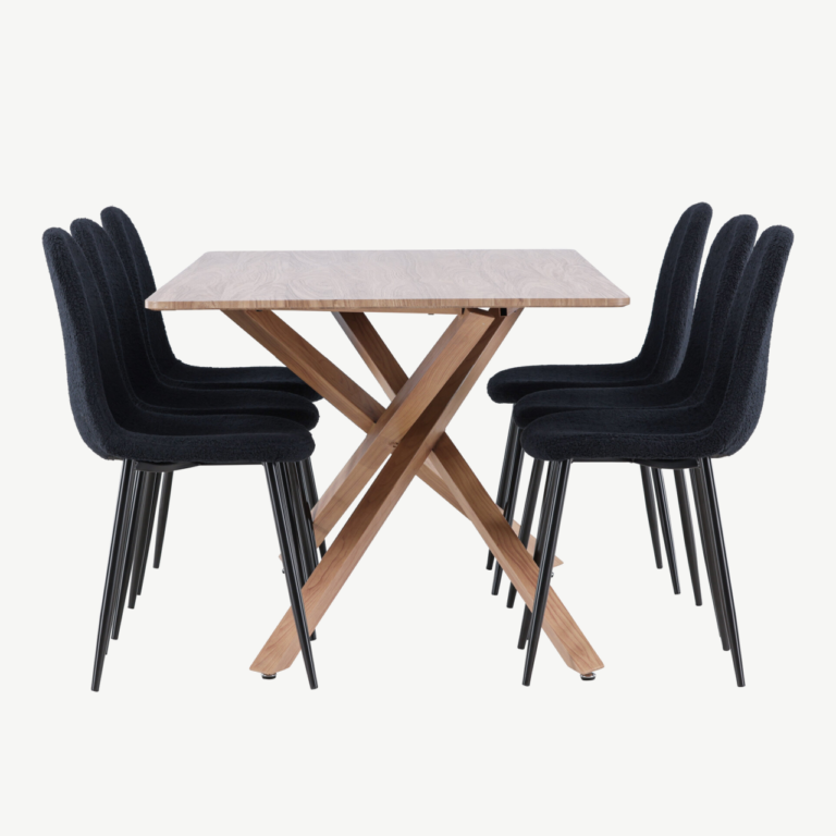 Ristkülikukujuline mokka söögilaud toolidega: Piazza laud 180x90 cm ja 6 musta bukleekangaga tooli (Polar) - GR24516
