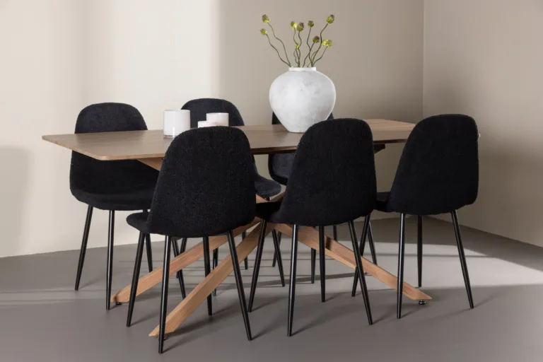 Ristkülikukujuline mokka söögilaud toolidega: Piazza laud 180x90 cm ja 6 musta bukleekangaga tooli (Polar) - GR24516