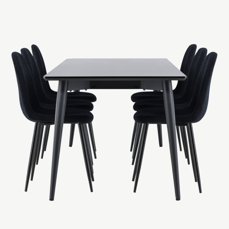 Ristkülikukujuline must söögilaua komplekt: Ellis laud 230×85 cm ja 6 Polar terastooli bukleekattega - GR24603