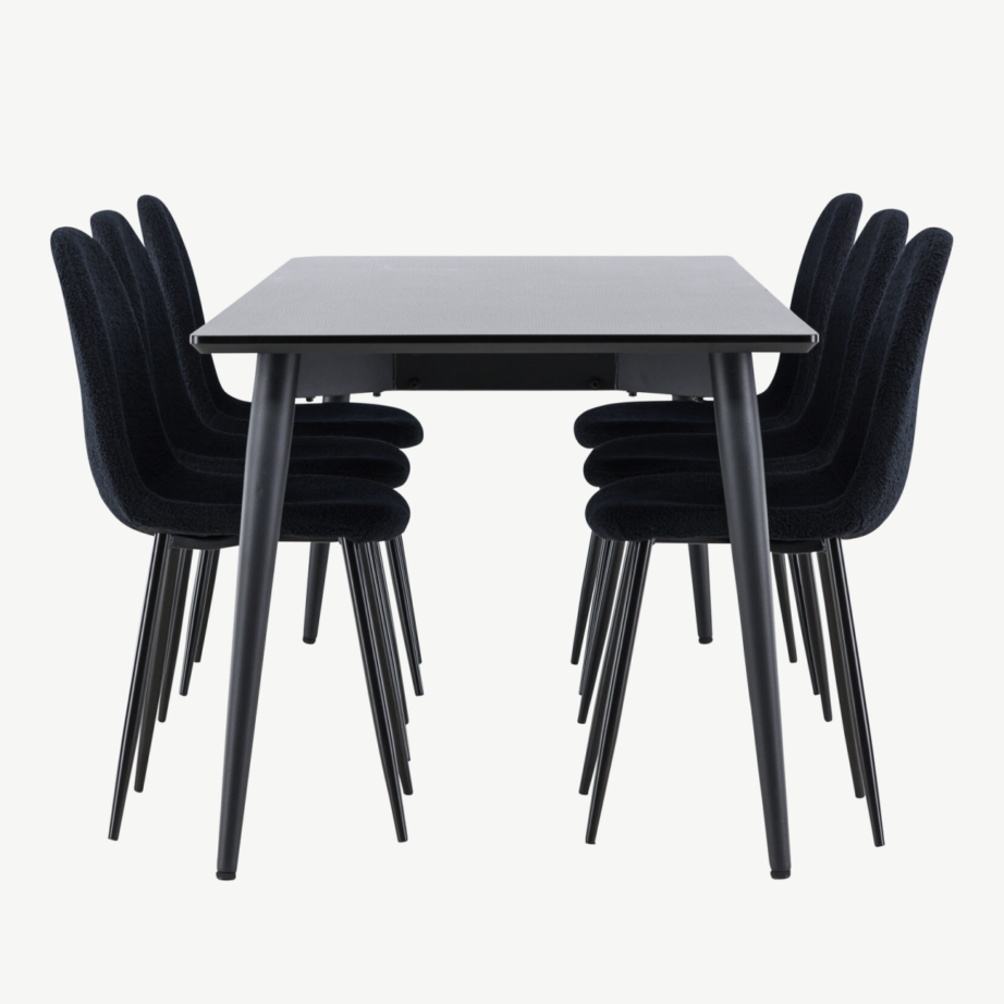 Ristkülikukujuline must söögilaua komplekt: Ellis laud 230×85 cm ja 6 Polar terastooli bukleekattega, GR24603 – 2