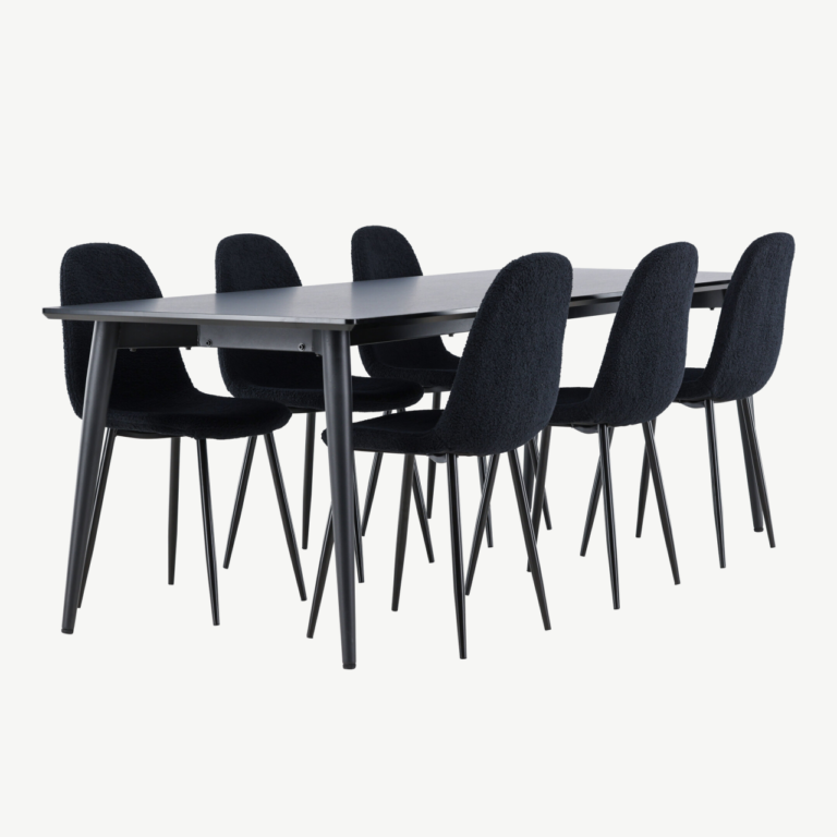 Ristkülikukujuline must söögilaua komplekt: Ellis laud 230×85 cm ja 6 Polar terastooli bukleekattega - GR24603
