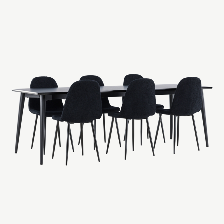Ristkülikukujuline must söögilaua komplekt: Ellis laud 230×85 cm ja 6 Polar terastooli bukleekattega - GR24603
