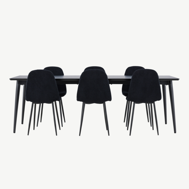 Ristkülikukujuline must söögilaua komplekt: Ellis laud 230×85 cm ja 6 Polar terastooli bukleekattega - GR24603