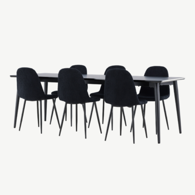 Ristkülikukujuline must söögilaua komplekt: Ellis laud 230×85 cm ja 6 Polar terastooli bukleekattega - GR24603
