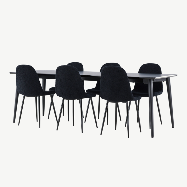 Ristkülikukujuline must söögilaua komplekt: Ellis laud 230×85 cm ja 6 Polar terastooli bukleekattega - GR24603