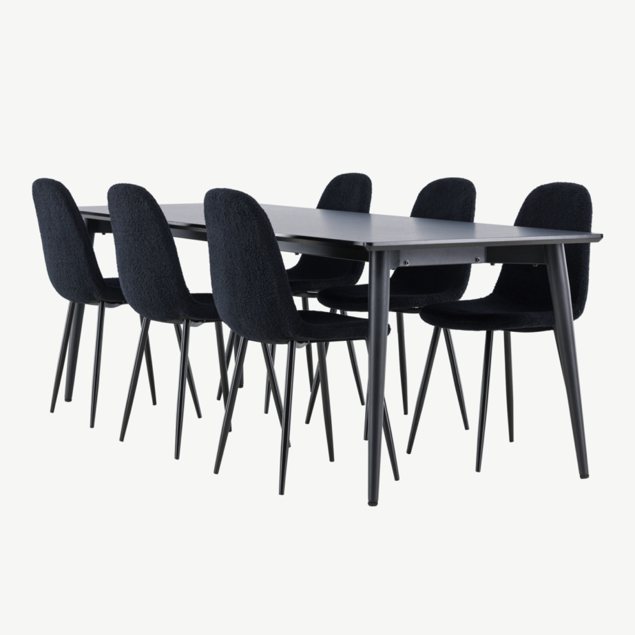 Ristkülikukujuline must söögilaua komplekt: Ellis laud 230×85 cm ja 6 Polar terastooli bukleekattega, GR24603 – 6