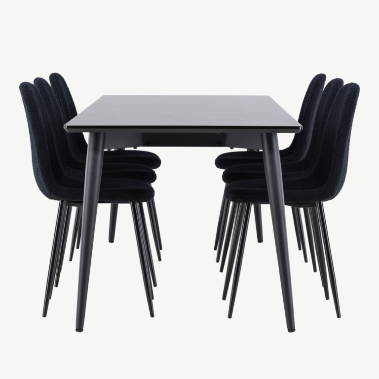 Ristkülikukujuline must söögilaua komplekt: Ellis laud 230×85 cm ja 6 Polar terastooli bukleekattega - GR24603
