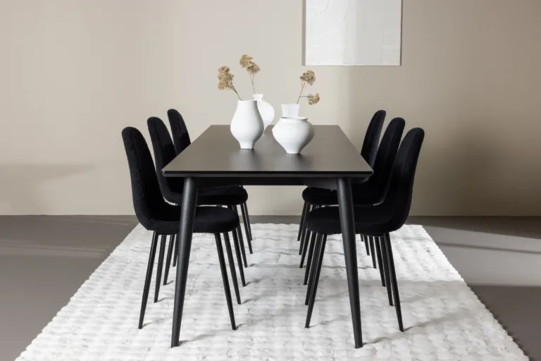 Ristkülikukujuline must söögilaua komplekt: Ellis laud 230×85 cm ja 6 Polar terastooli bukleekattega - GR24603