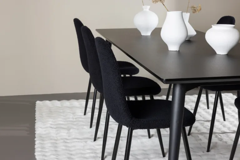 Ristkülikukujuline must söögilaua komplekt: Ellis laud 230×85 cm ja 6 Polar terastooli bukleekattega - GR24603