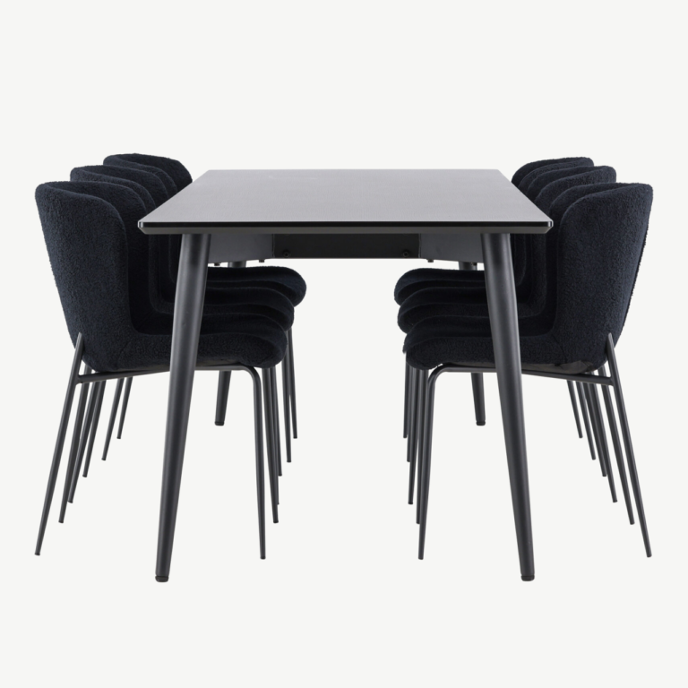 Ristkülikukujuline must söögilaua komplekt: Ellis laud 230 × 85 cm ja 8 Modesto buklee-kangaga tooli - GR24604