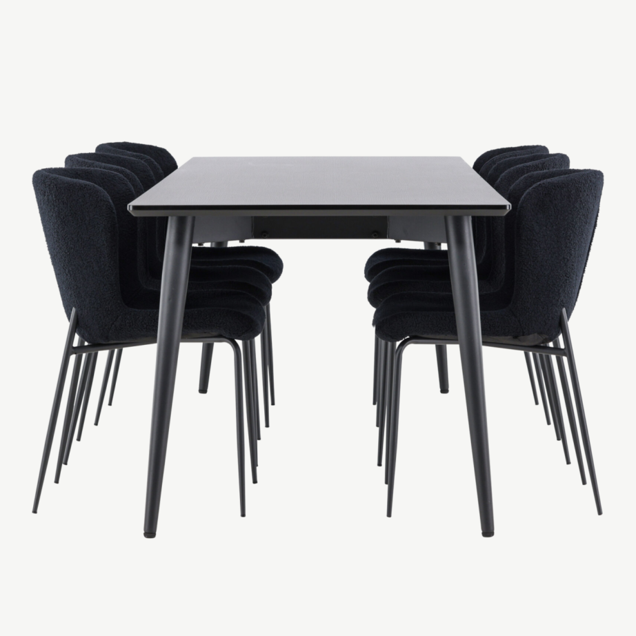 Ristkülikukujuline must söögilaua komplekt: Ellis laud 230 × 85 cm ja 8 Modesto buklee-kangaga tooli, GR24604 – 2